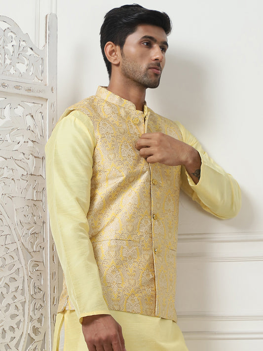 Woven Design Nehru Jacket With Solid Kurta Pyjama ( ANMKPWC 636L 7013Yellow )
