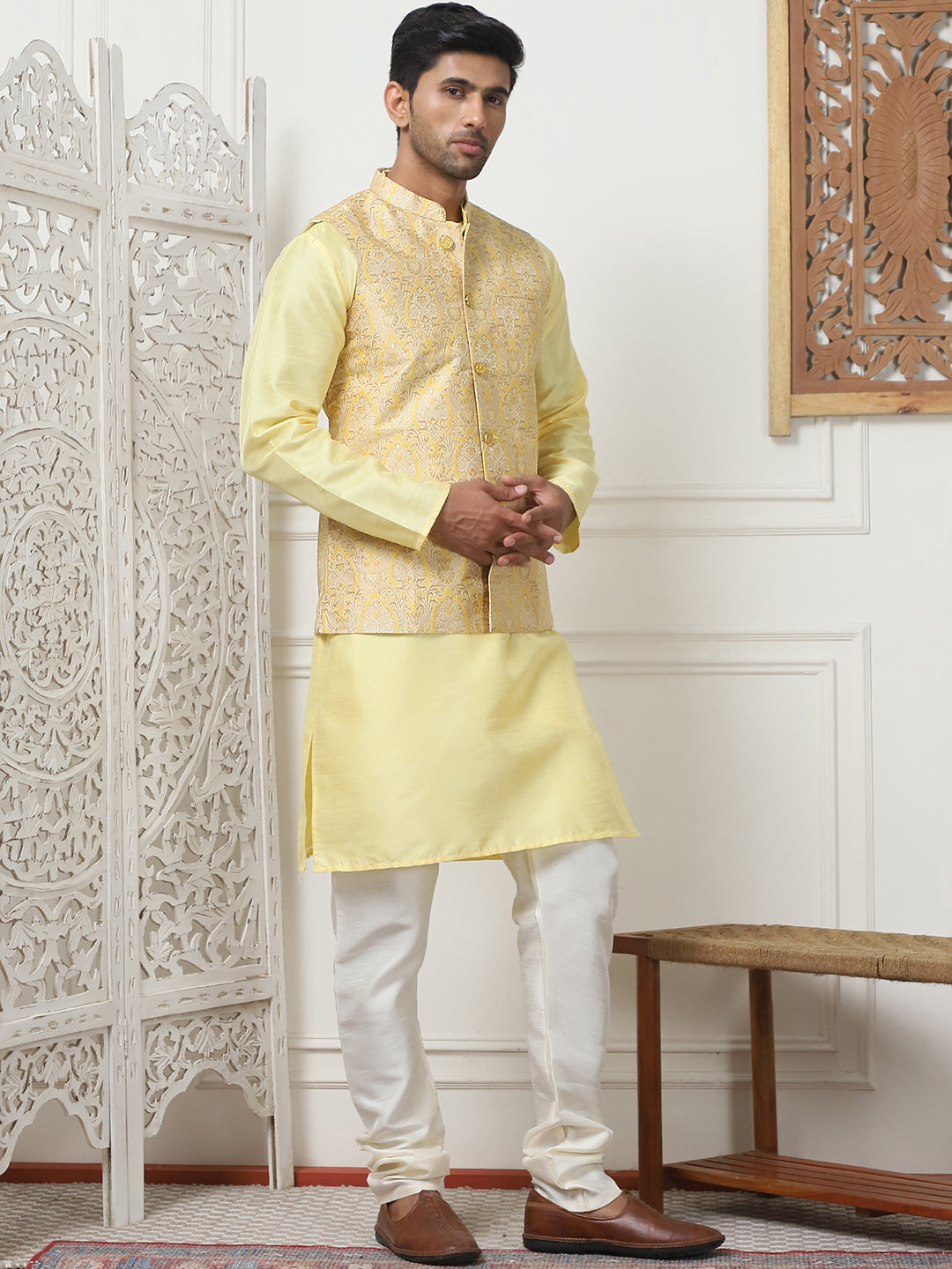 Woven Design Nehru Jacket With Solid Kurta Pyjama ( ANMKPWC 636L 7013Yellow )