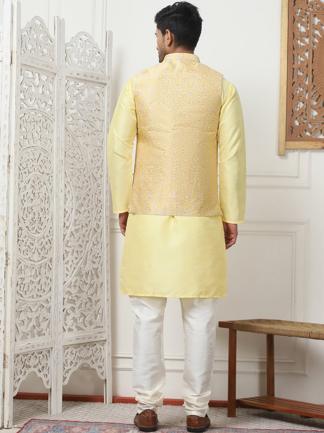 Woven Design Nehru Jacket With Solid Kurta Pyjama ( ANMKPWC 636L 7013Yellow )