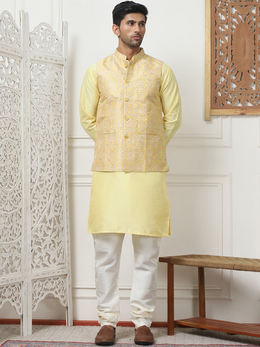 Woven Design Nehru Jacket With Solid Kurta Pyjama ( ANMKPWC 636L 7013Yellow )