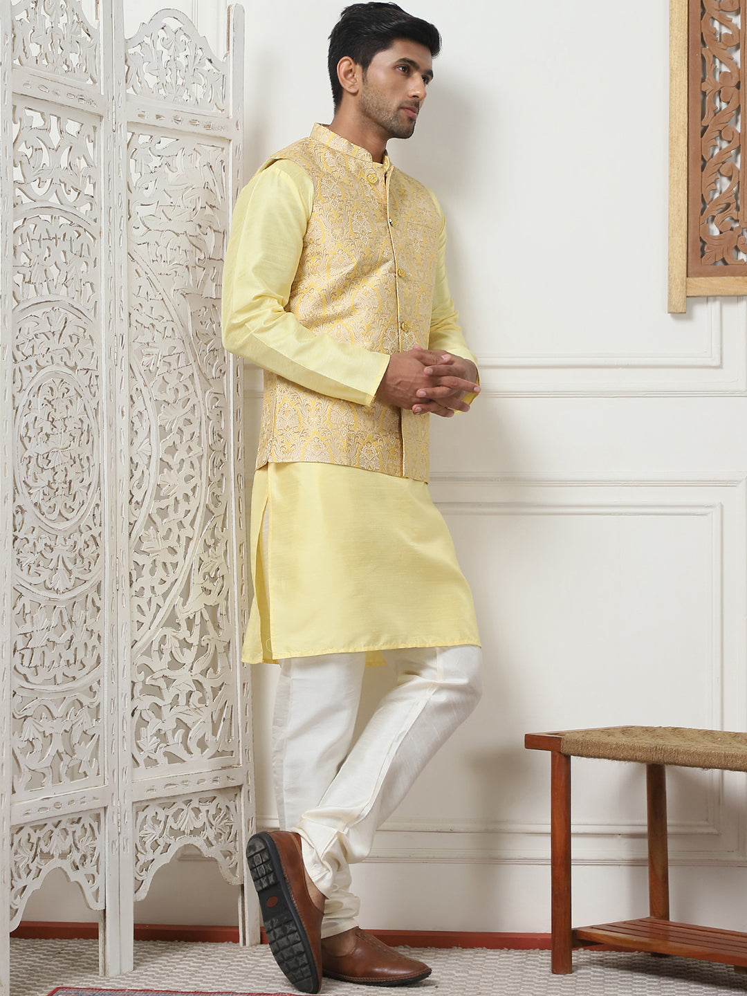 Woven Design Nehru Jacket With Solid Kurta Pyjama ( ANMKPWC 636L 7013Yellow )