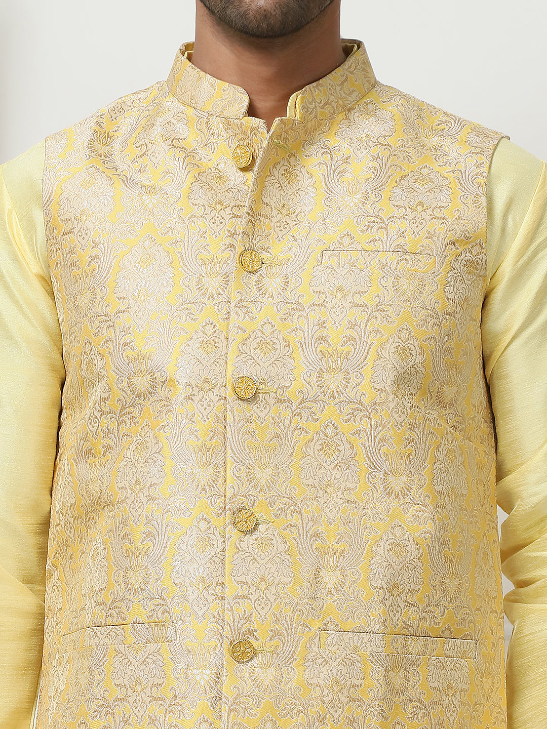 Woven Design Nehru Jacket With Solid Kurta Pyjama ( ANMKPWC 636L 7013Yellow )