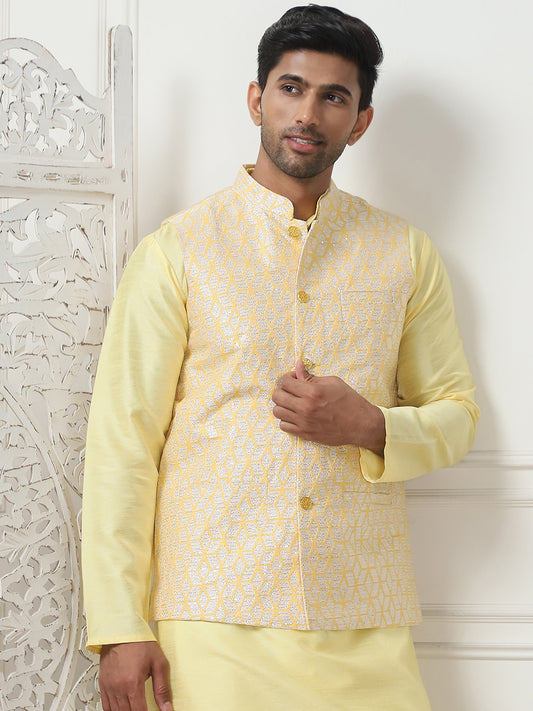 Woven Design Nehru Jacket With Solid Kurta Pyjama ( ANMKPWC 636L 7014Yellow )
