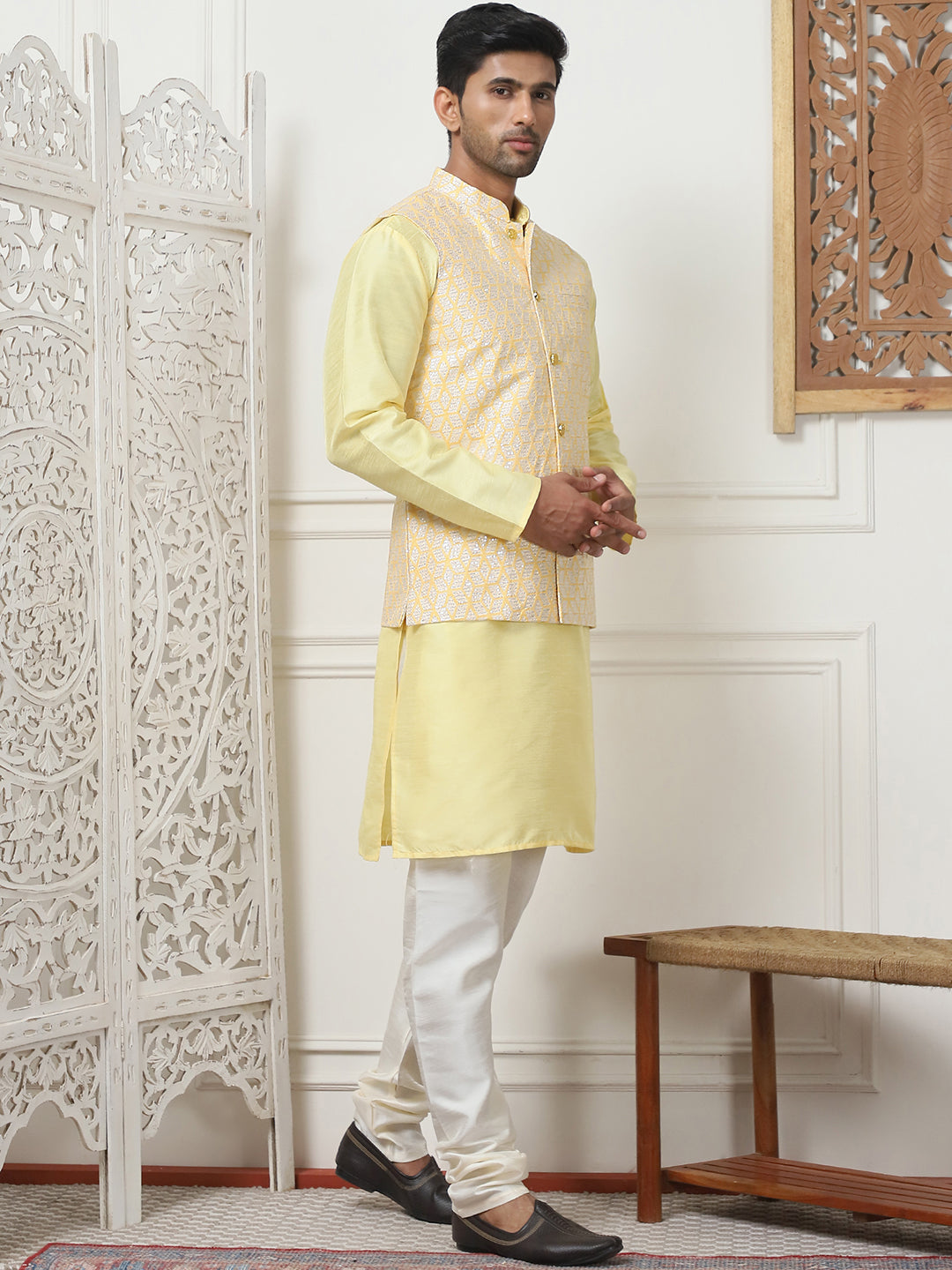 Woven Design Nehru Jacket With Solid Kurta Pyjama ( ANMKPWC 636L 7014Yellow )