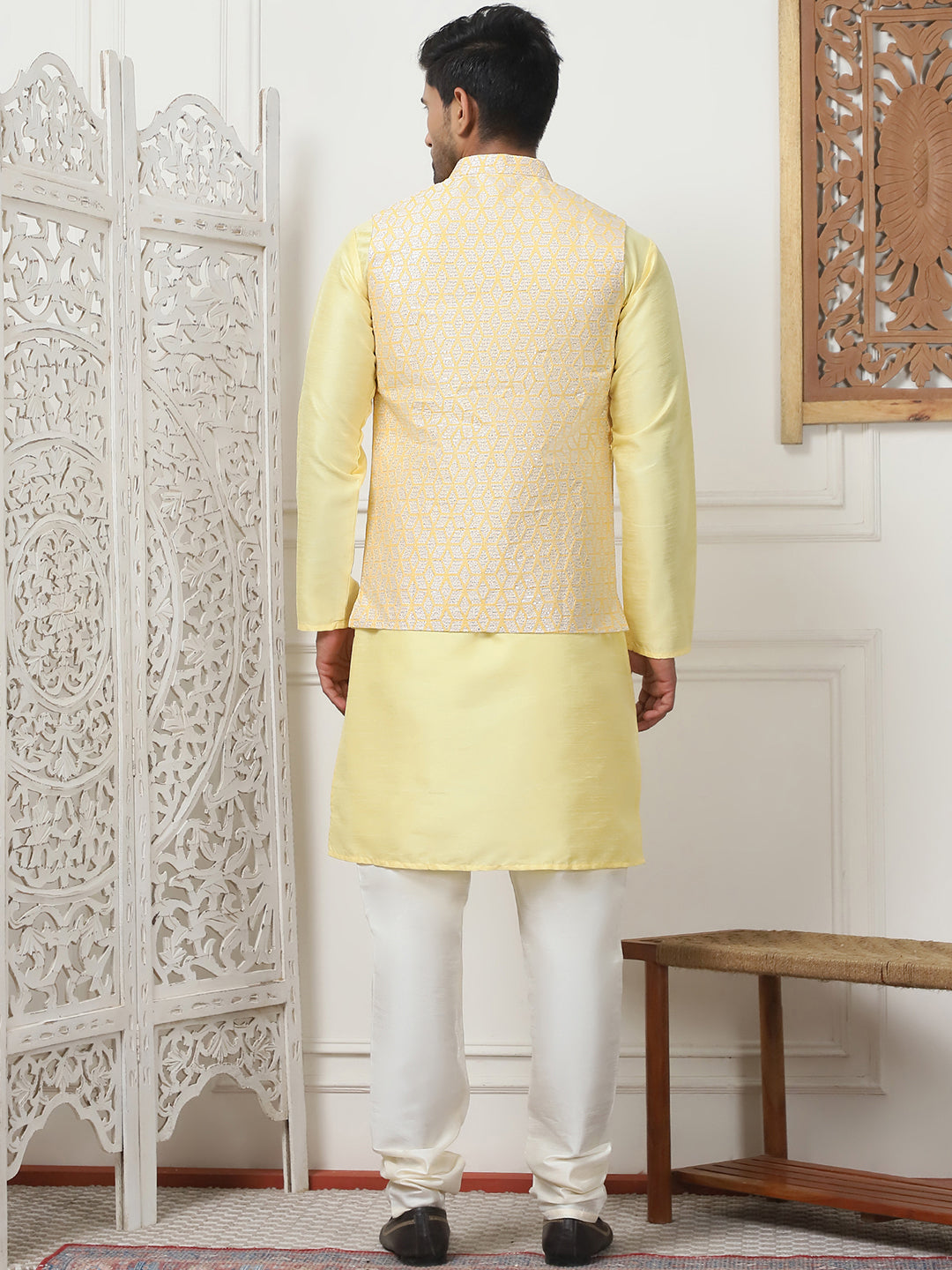 Woven Design Nehru Jacket With Solid Kurta Pyjama ( ANMKPWC 636L 7014Yellow )