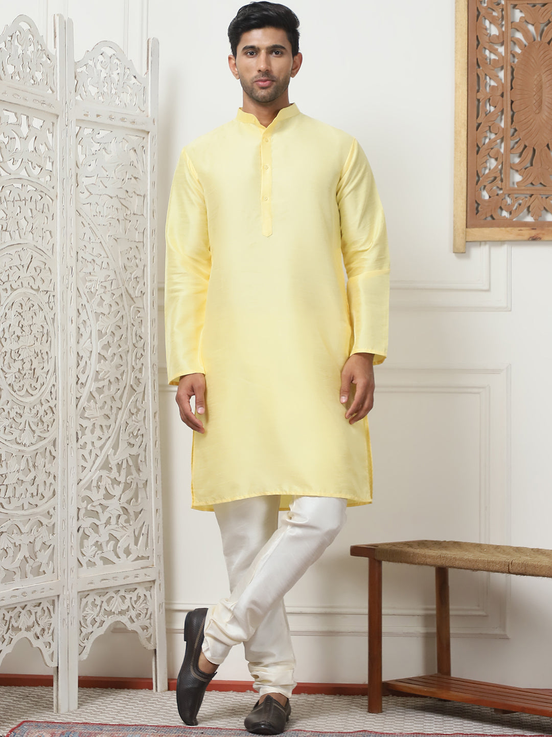 Woven Design Nehru Jacket With Solid Kurta Pyjama ( ANMKPWC 636L 7014Yellow )