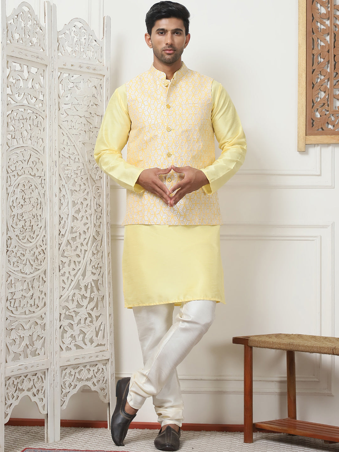 Woven Design Nehru Jacket With Solid Kurta Pyjama ( ANMKPWC 636L 7014Yellow )