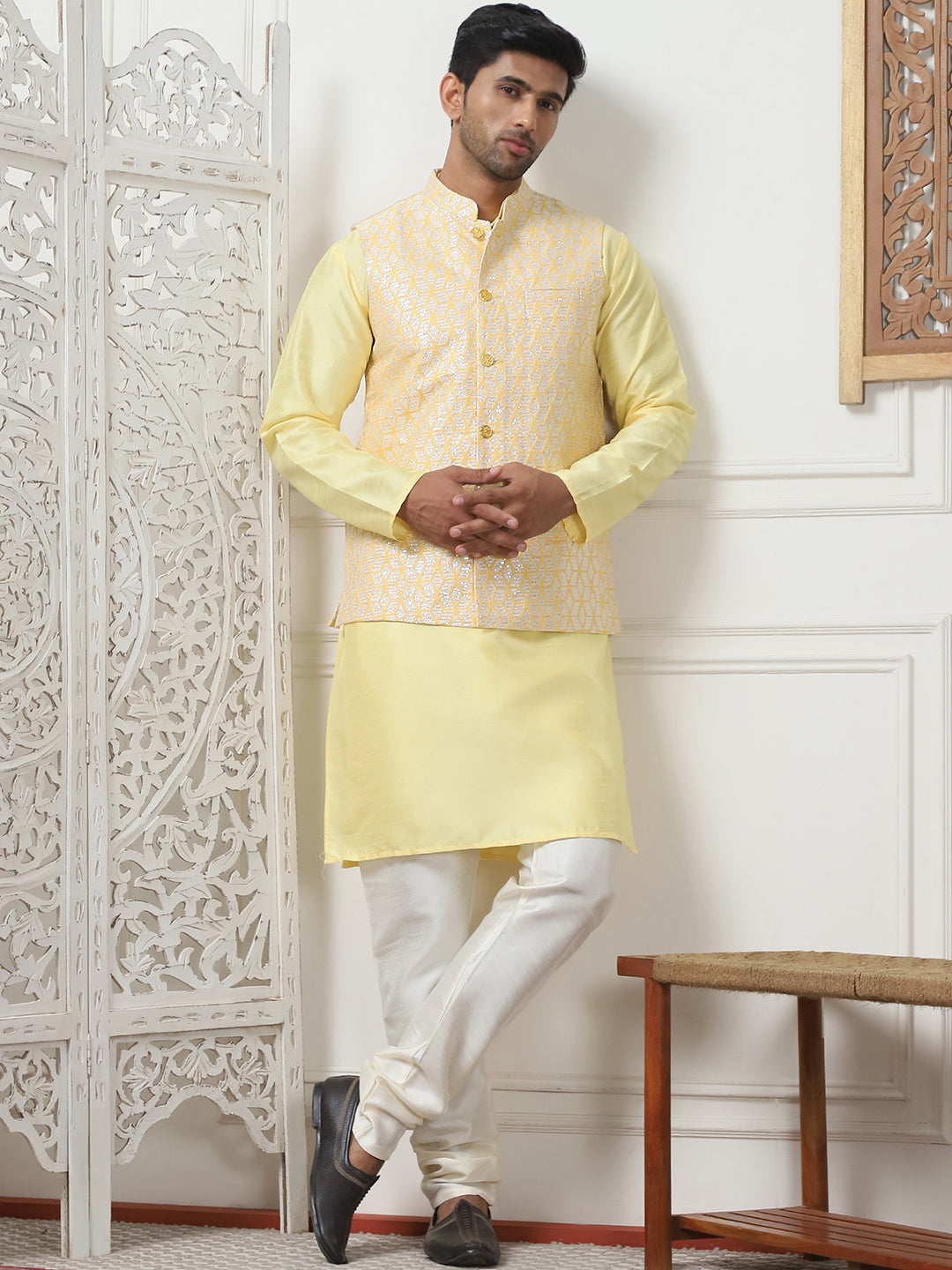 Woven Design Nehru Jacket With Solid Kurta Pyjama ( ANMKPWC 636L 7014Yellow )