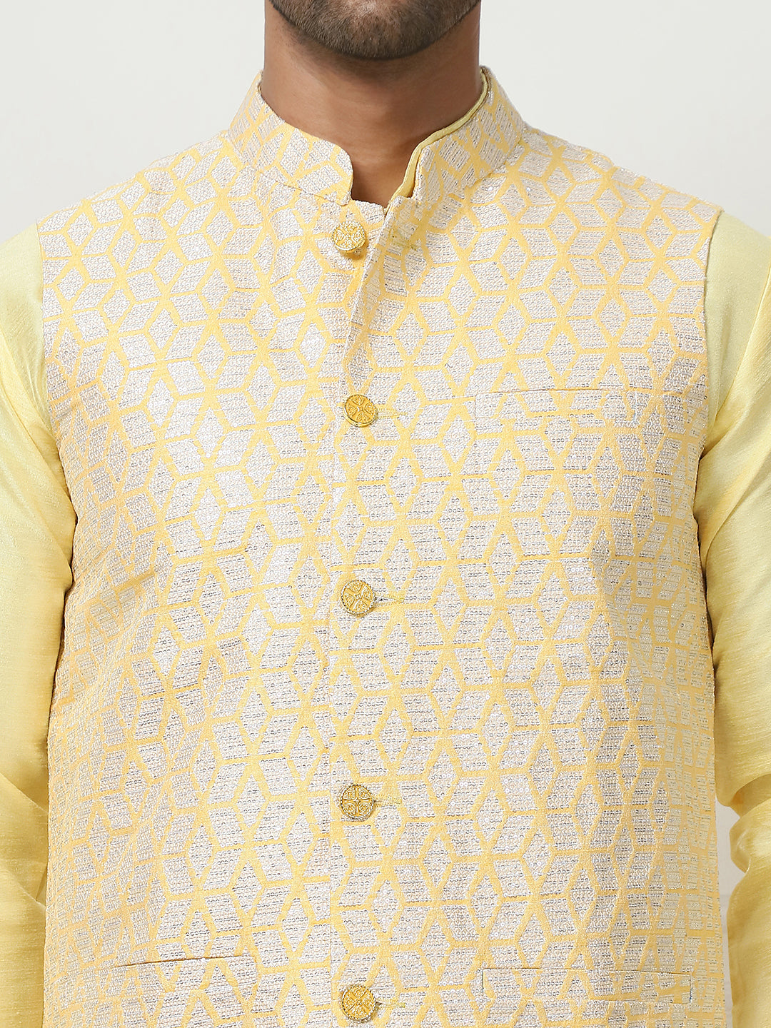 Woven Design Nehru Jacket With Solid Kurta Pyjama ( ANMKPWC 636L 7014Yellow )