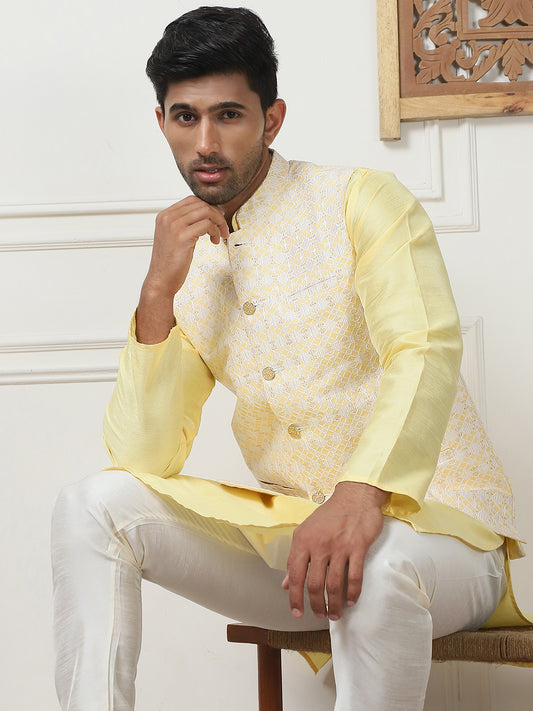 Woven Design Nehru Jacket With Solid Kurta Pyjama ( ANMKPWC 636L 7015Yellow )