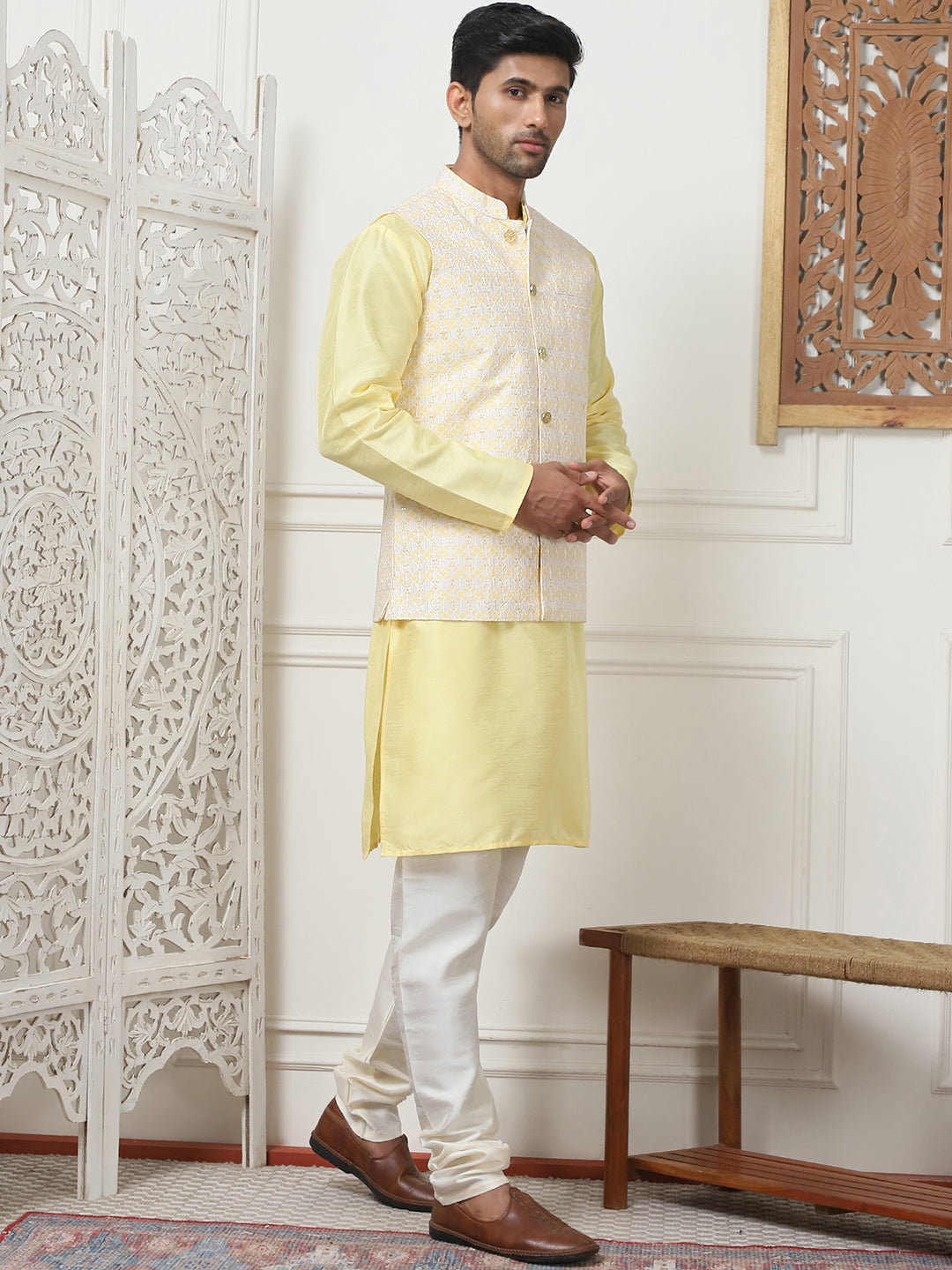 Woven Design Nehru Jacket With Solid Kurta Pyjama ( ANMKPWC 636L 7015Yellow )