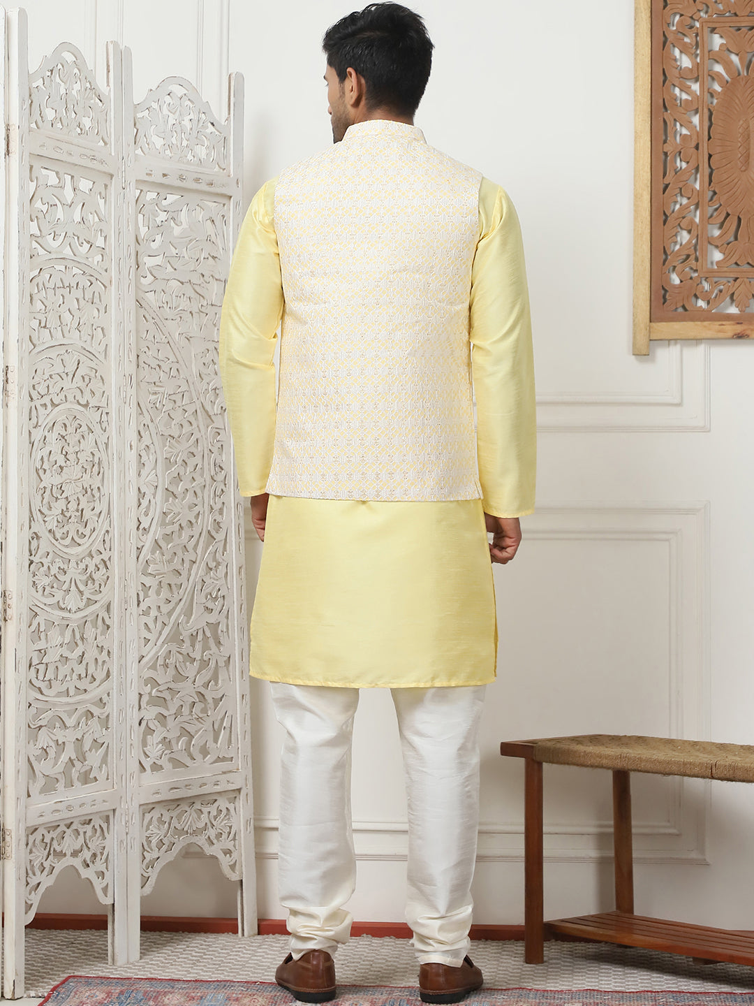 Woven Design Nehru Jacket With Solid Kurta Pyjama ( ANMKPWC 636L 7015Yellow )