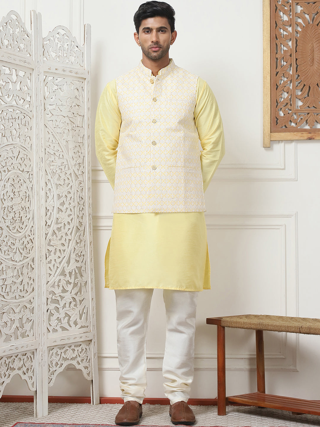 Woven Design Nehru Jacket With Solid Kurta Pyjama ( ANMKPWC 636L 7015Yellow )