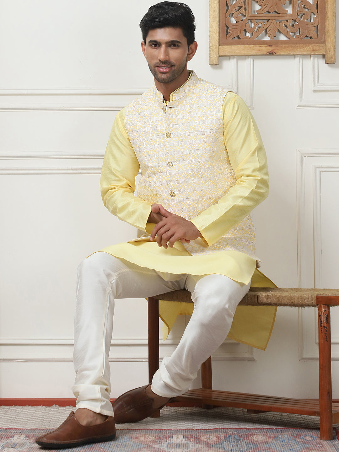 Woven Design Nehru Jacket With Solid Kurta Pyjama ( ANMKPWC 636L 7015Yellow )