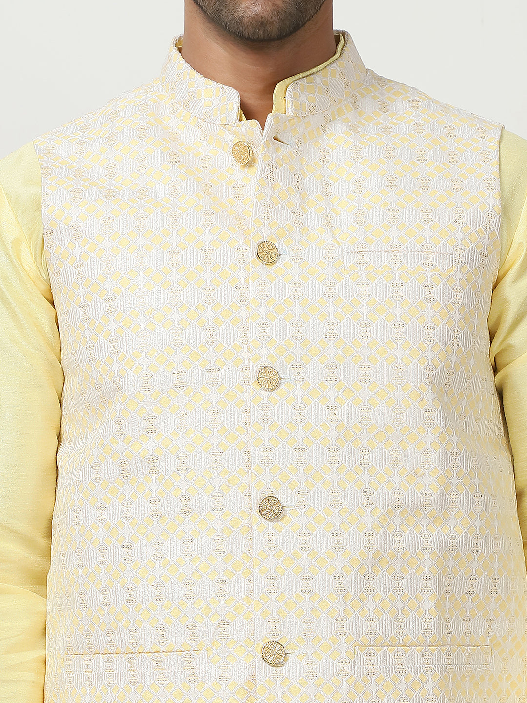 Woven Design Nehru Jacket With Solid Kurta Pyjama ( ANMKPWC 636L 7015Yellow )