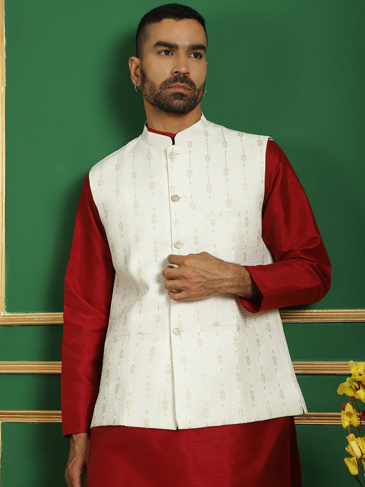 Embroidered and Sequin Nehru Jacket with Solid Kurta Pyjama ( ANMKPWC 636M 7011White )