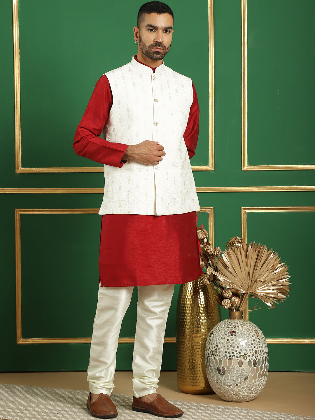 Embroidered and Sequin Nehru Jacket with Solid Kurta Pyjama ( ANMKPWC 636M 7011White )