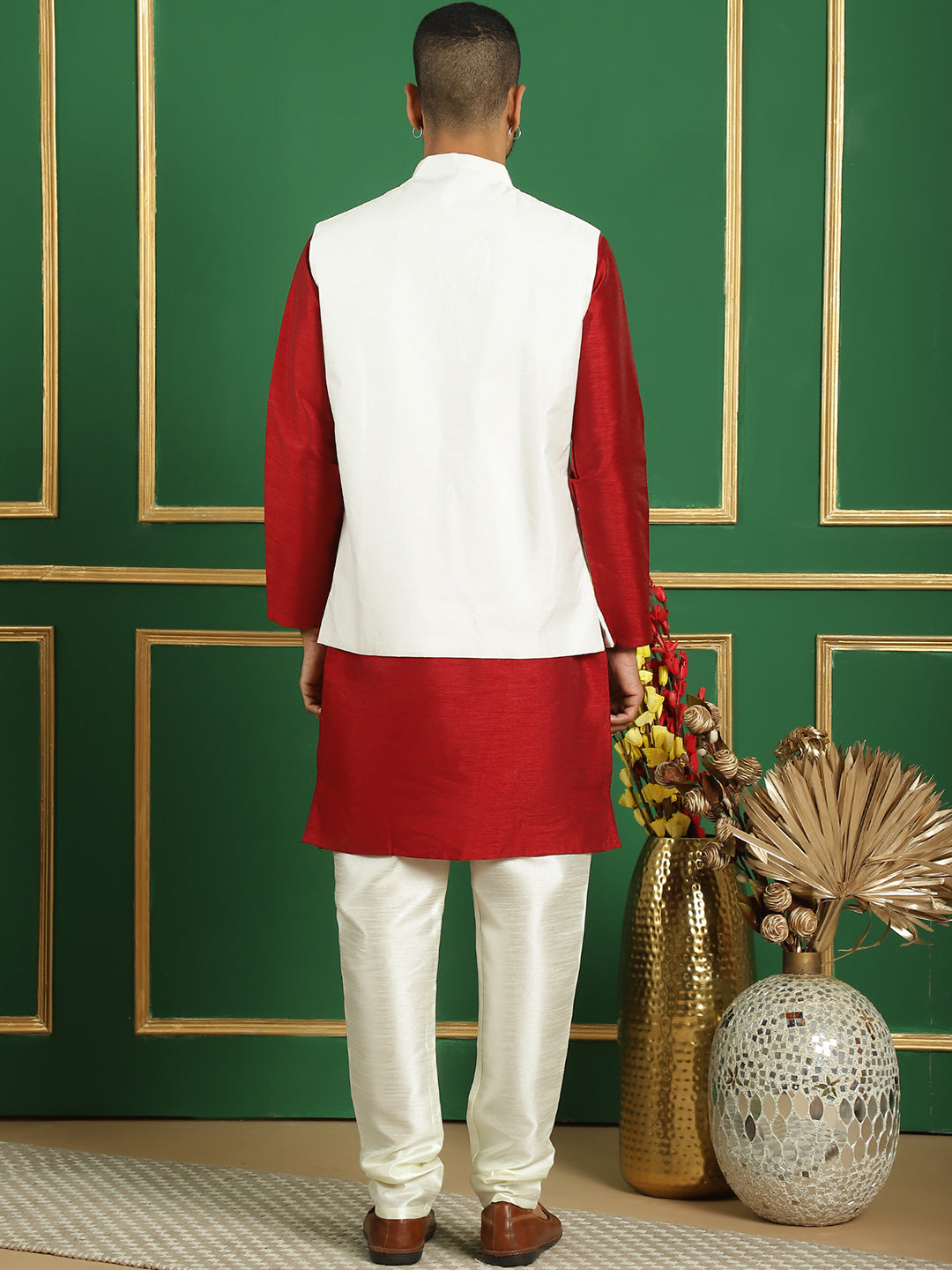 Embroidered and Sequin Nehru Jacket with Solid Kurta Pyjama ( ANMKPWC 636M 7011White )