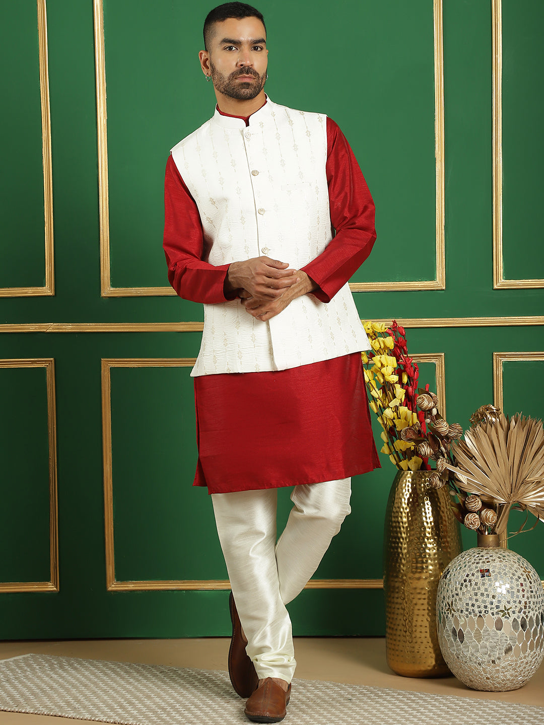 Embroidered and Sequin Nehru Jacket with Solid Kurta Pyjama ( ANMKPWC 636M 7011White )