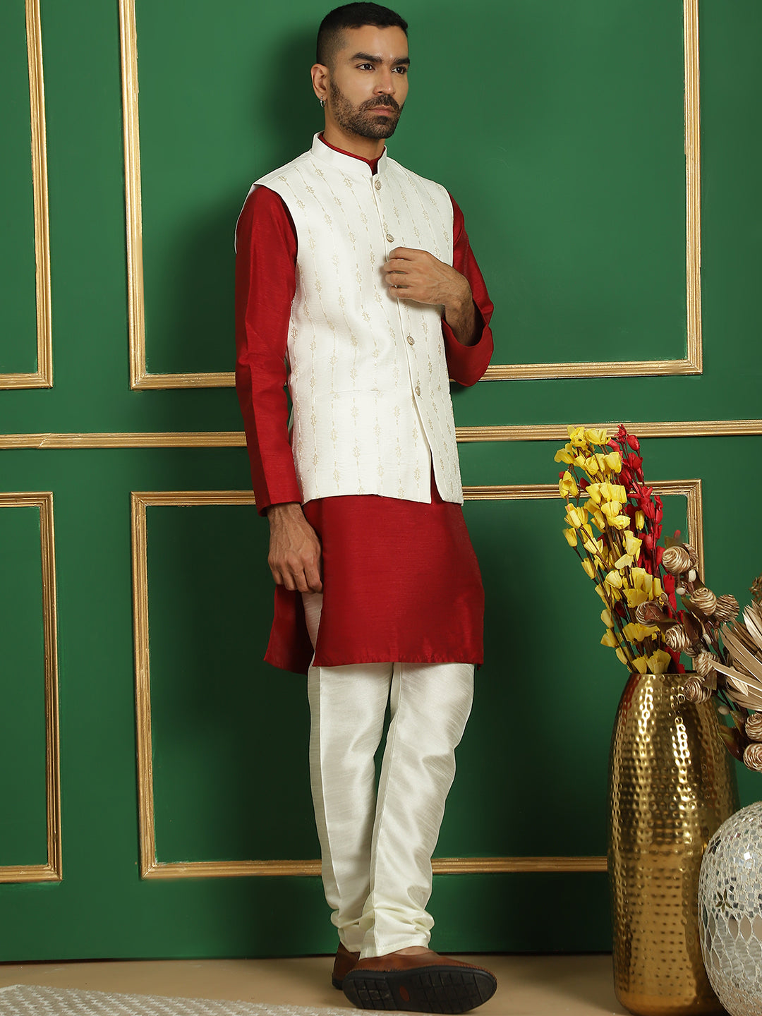 Embroidered and Sequin Nehru Jacket with Solid Kurta Pyjama ( ANMKPWC 636M 7011White )