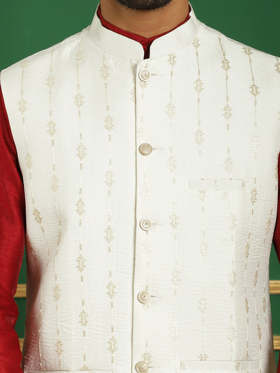 Embroidered and Sequin Nehru Jacket with Solid Kurta Pyjama ( ANMKPWC 636M 7011White )