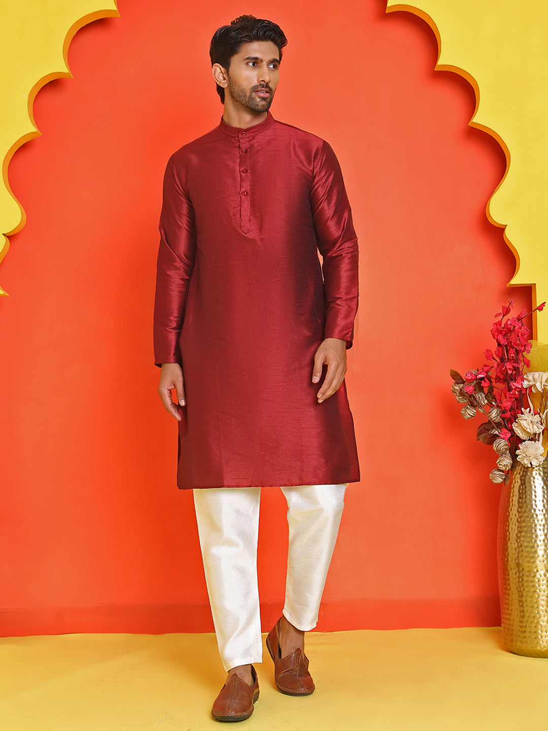 Men's Printed Nehru Jacket With Kurta Pyjama Set ( ANMKPWC 636M 7020Maroon )
