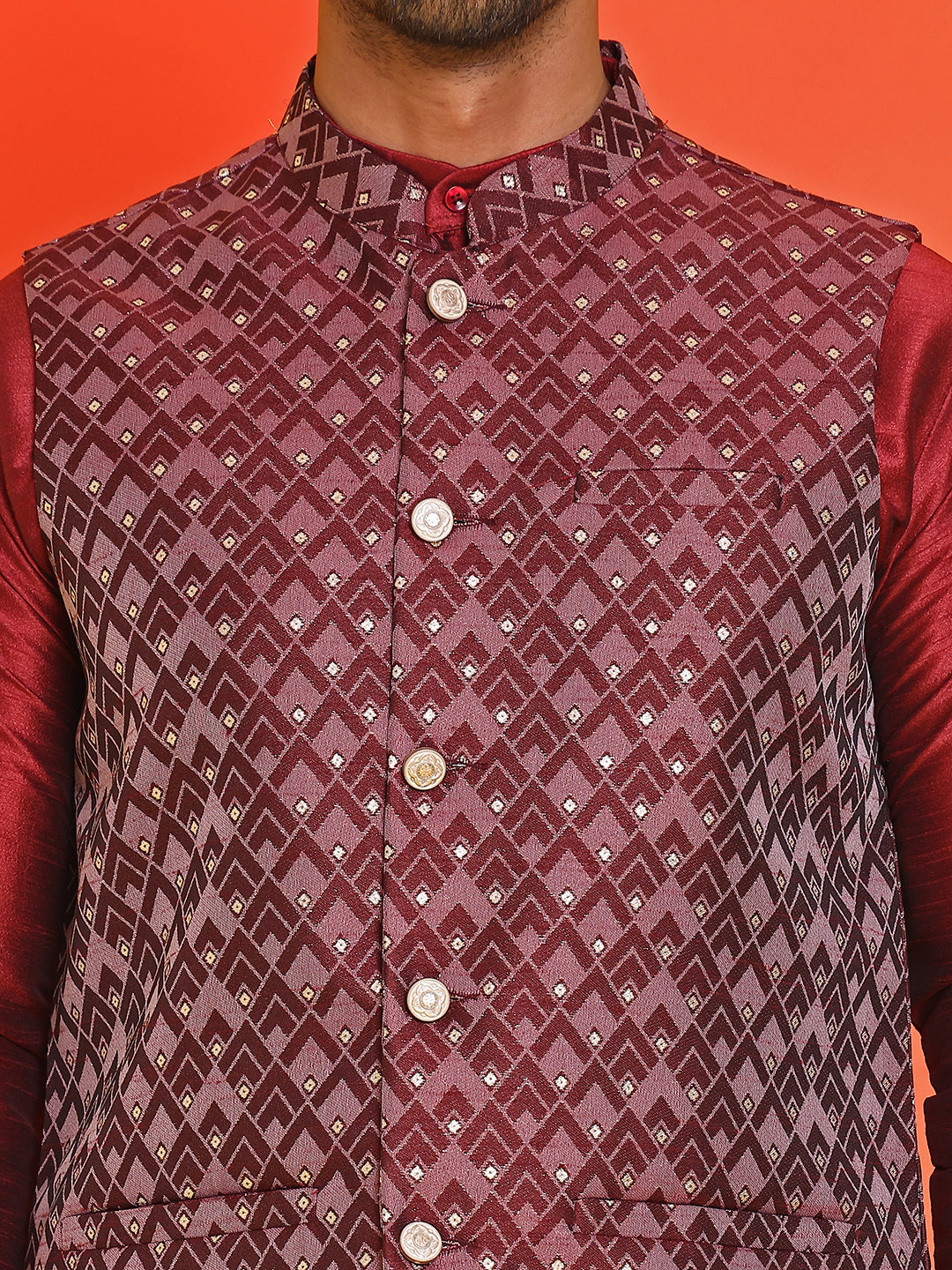 Men's Printed Nehru Jacket With Kurta Pyjama Set ( ANMKPWC 636M 7020Maroon )