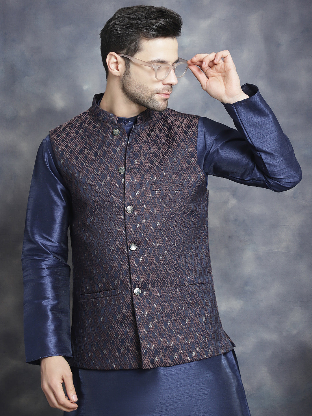Embroidered Nehru Jacket With Solid Kurta Pyjama ( ANMKPWC 636N 7007Brown )