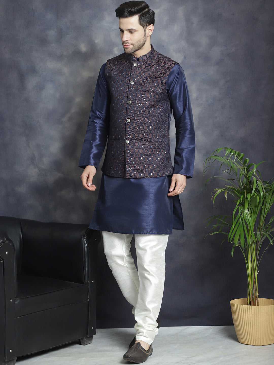 Embroidered Nehru Jacket With Solid Kurta Pyjama ( ANMKPWC 636N 7007Brown )