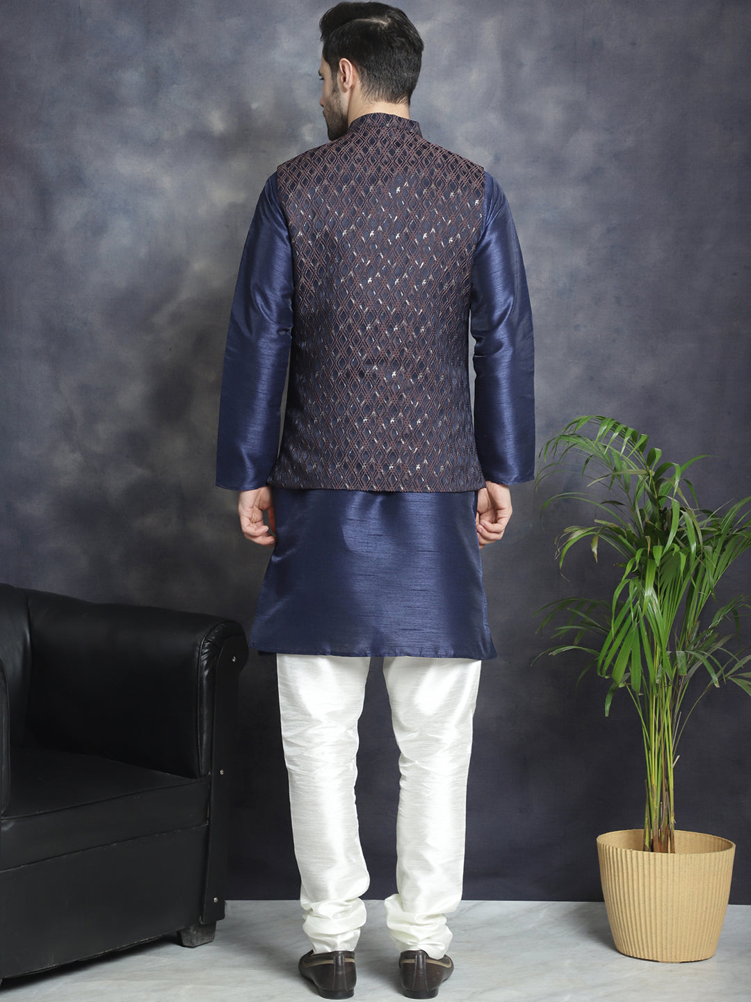 Embroidered Nehru Jacket With Solid Kurta Pyjama ( ANMKPWC 636N 7007Brown )