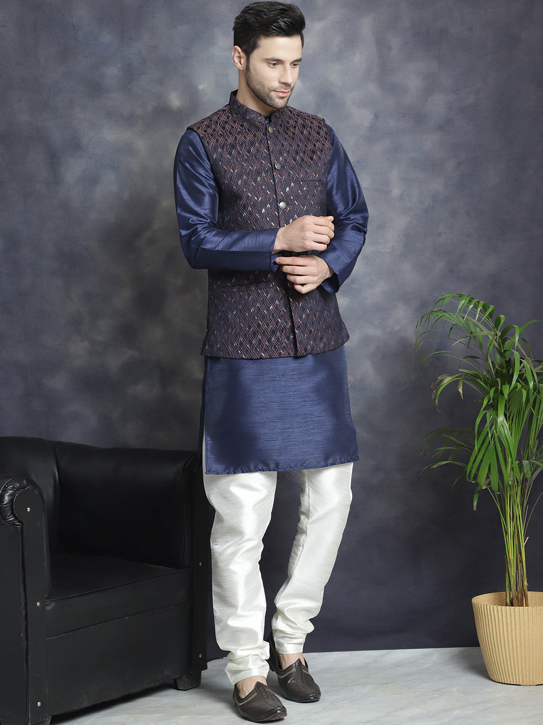 Embroidered Nehru Jacket With Solid Kurta Pyjama ( ANMKPWC 636N 7007Brown )