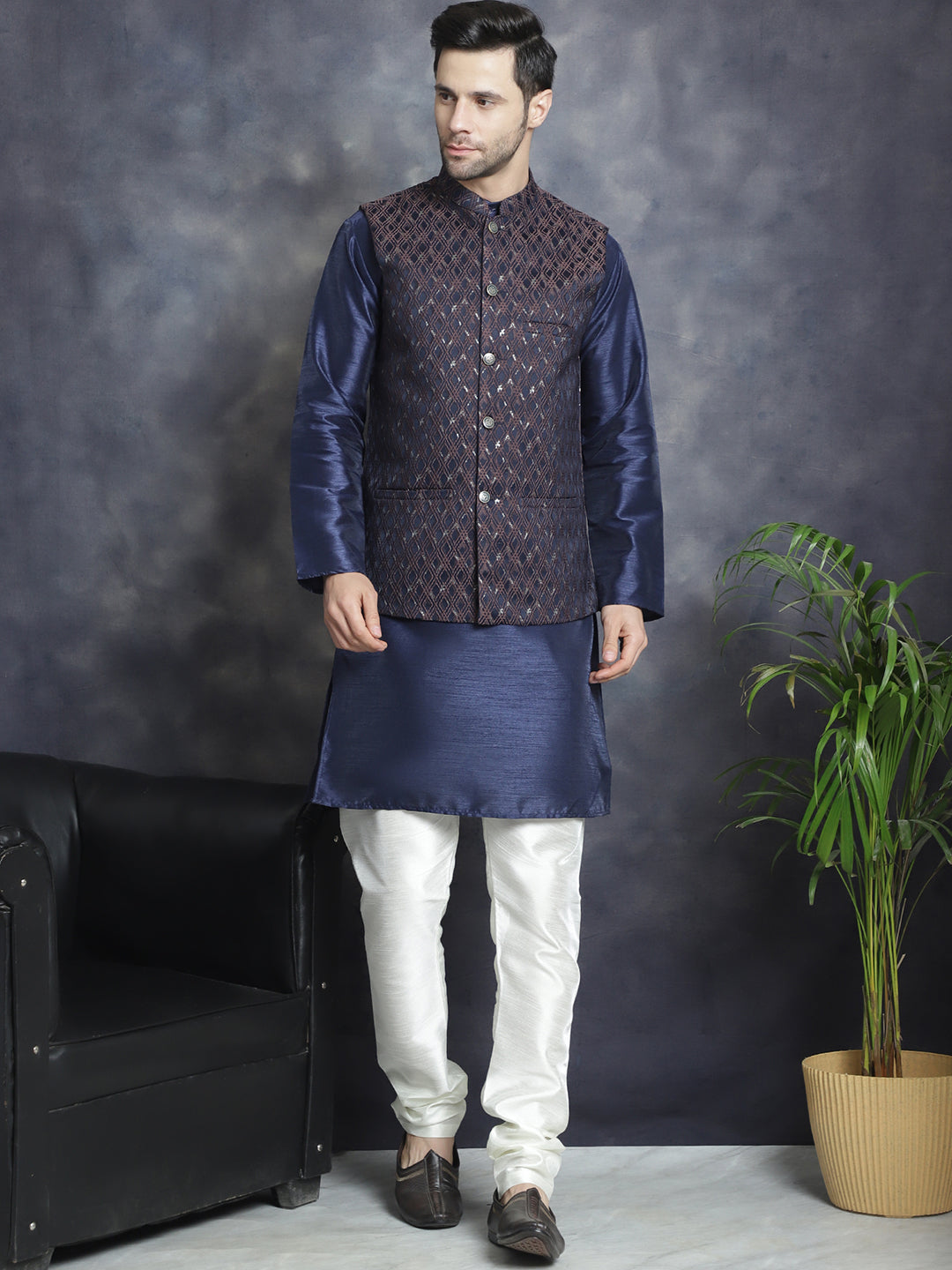 Embroidered Nehru Jacket With Solid Kurta Pyjama ( ANMKPWC 636N 7007Brown )