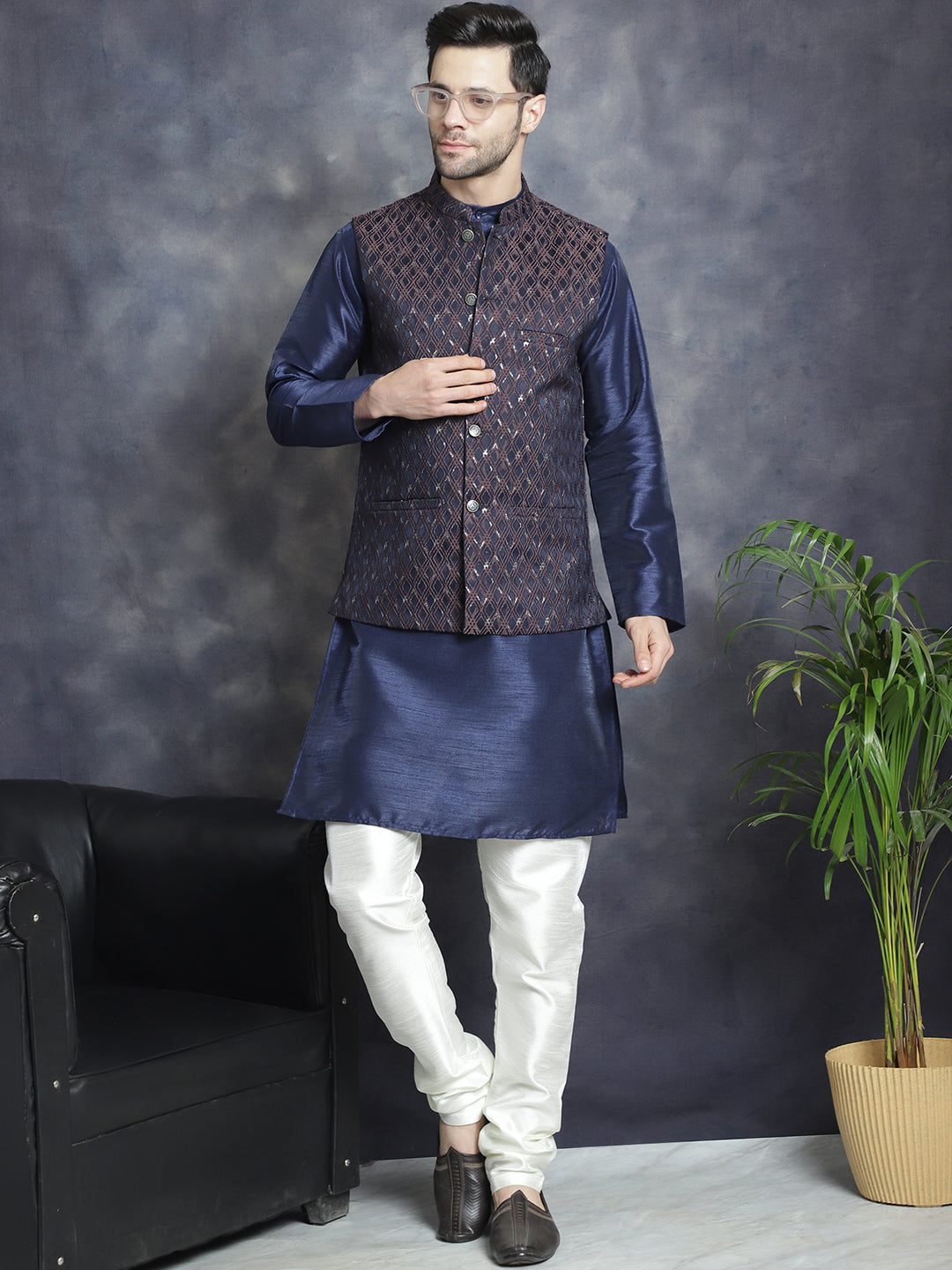 Embroidered Nehru Jacket With Solid Kurta Pyjama ( ANMKPWC 636N 7007Brown )