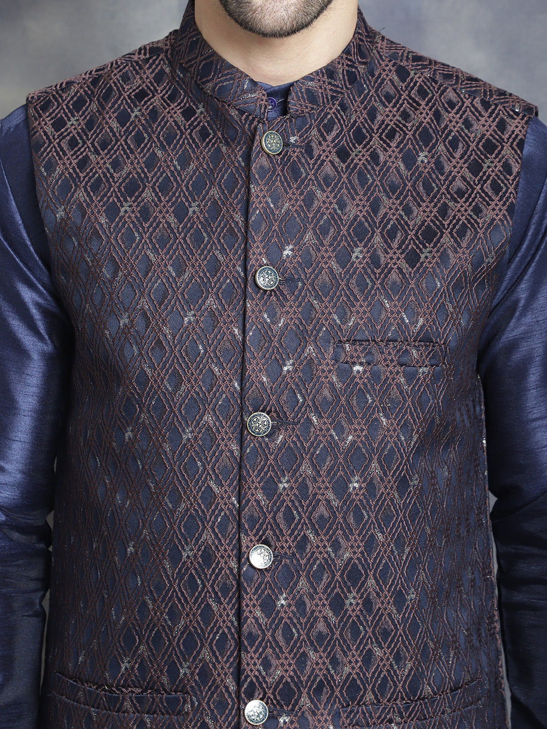 Embroidered Nehru Jacket With Solid Kurta Pyjama ( ANMKPWC 636N 7007Brown )