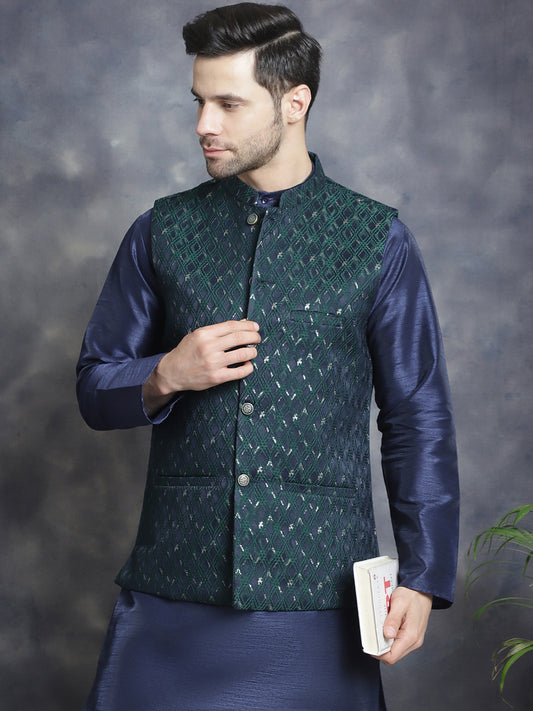 Embroidered Nehru Jacket With Solid Kurta Pyjama ( ANMKPWC 636N 7007Green )