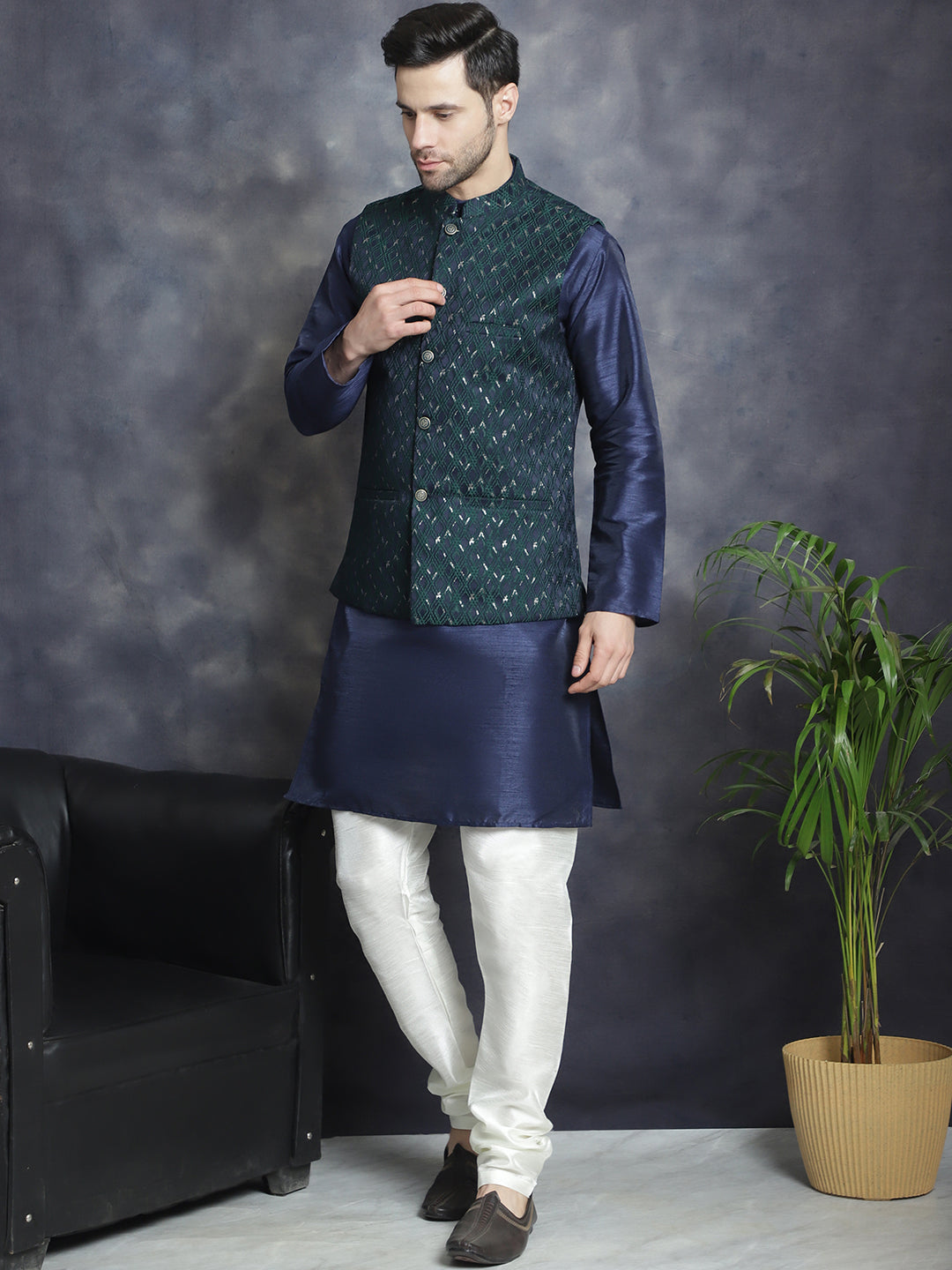 Embroidered Nehru Jacket With Solid Kurta Pyjama ( ANMKPWC 636N 7007Green )