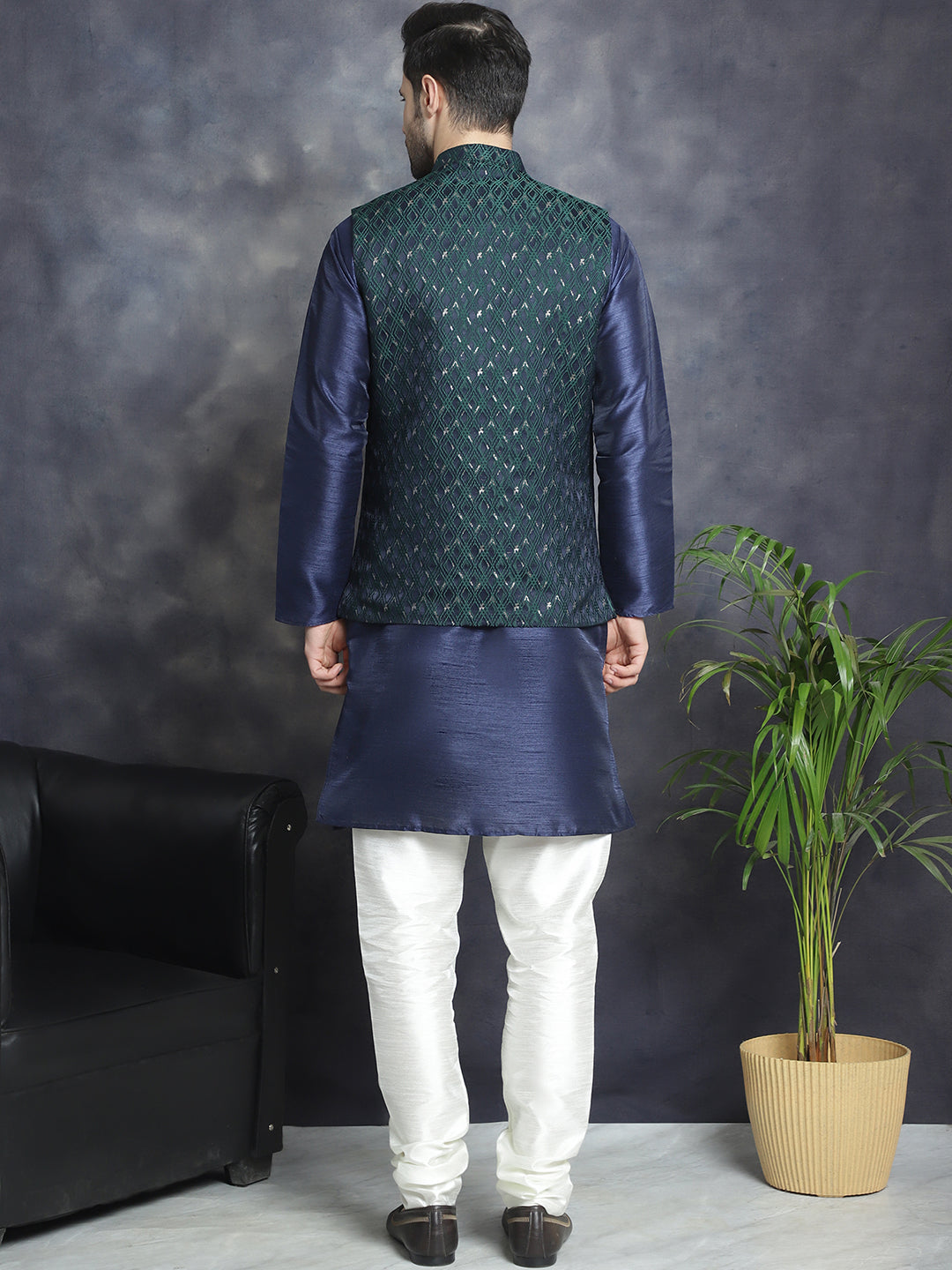 Embroidered Nehru Jacket With Solid Kurta Pyjama ( ANMKPWC 636N 7007Green )
