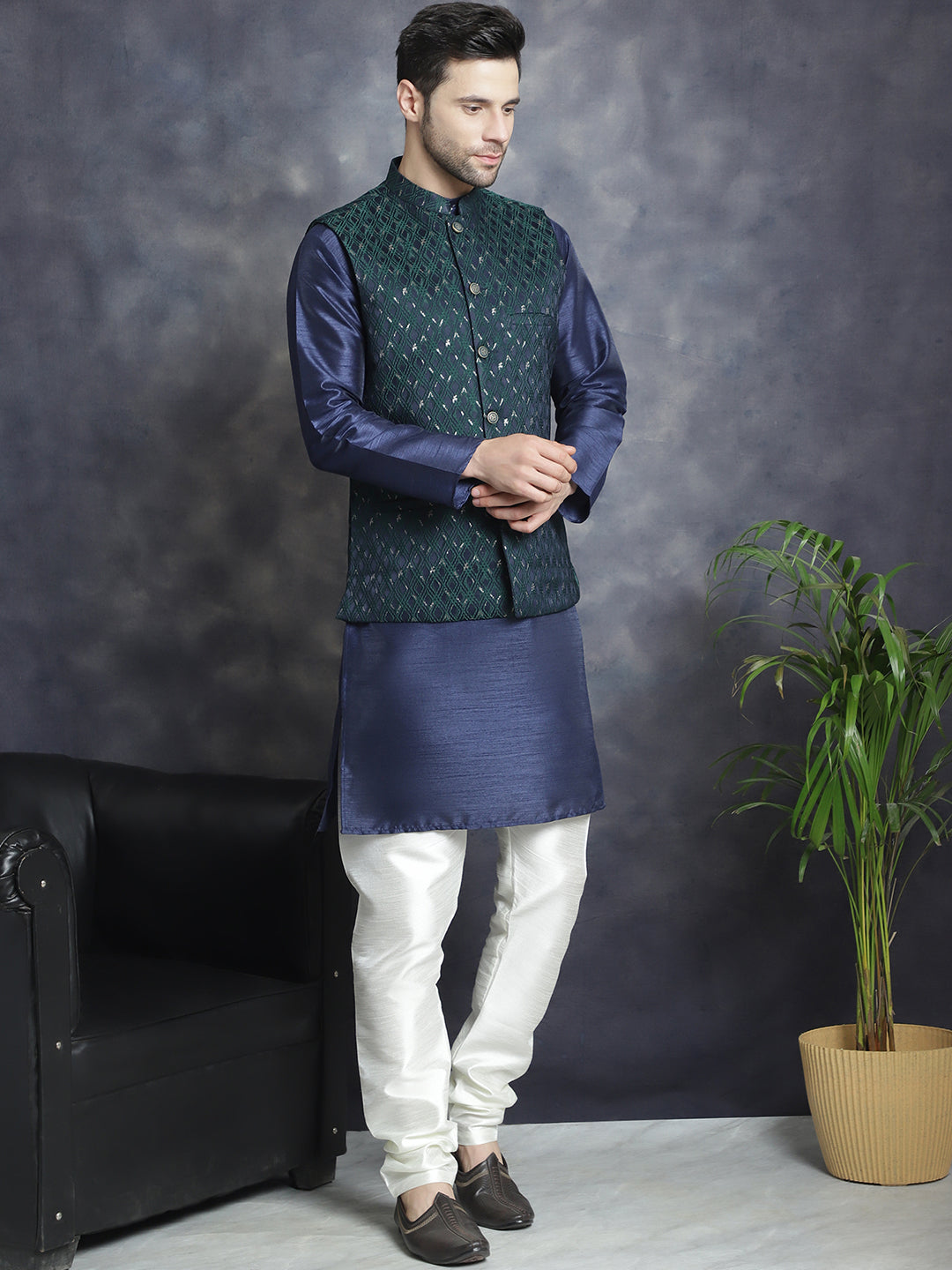 Embroidered Nehru Jacket With Solid Kurta Pyjama ( ANMKPWC 636N 7007Green )