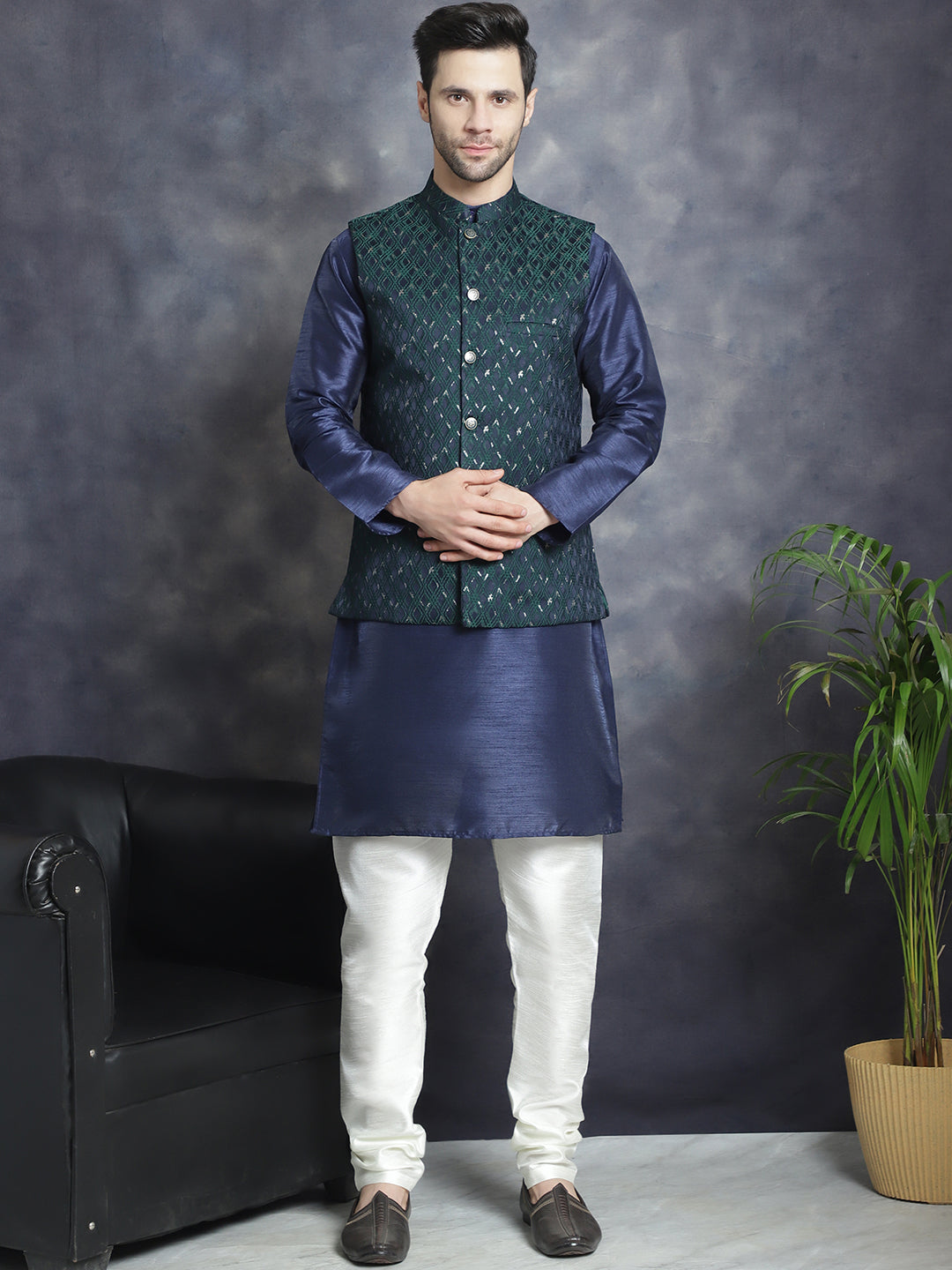 Embroidered Nehru Jacket With Solid Kurta Pyjama ( ANMKPWC 636N 7007Green )