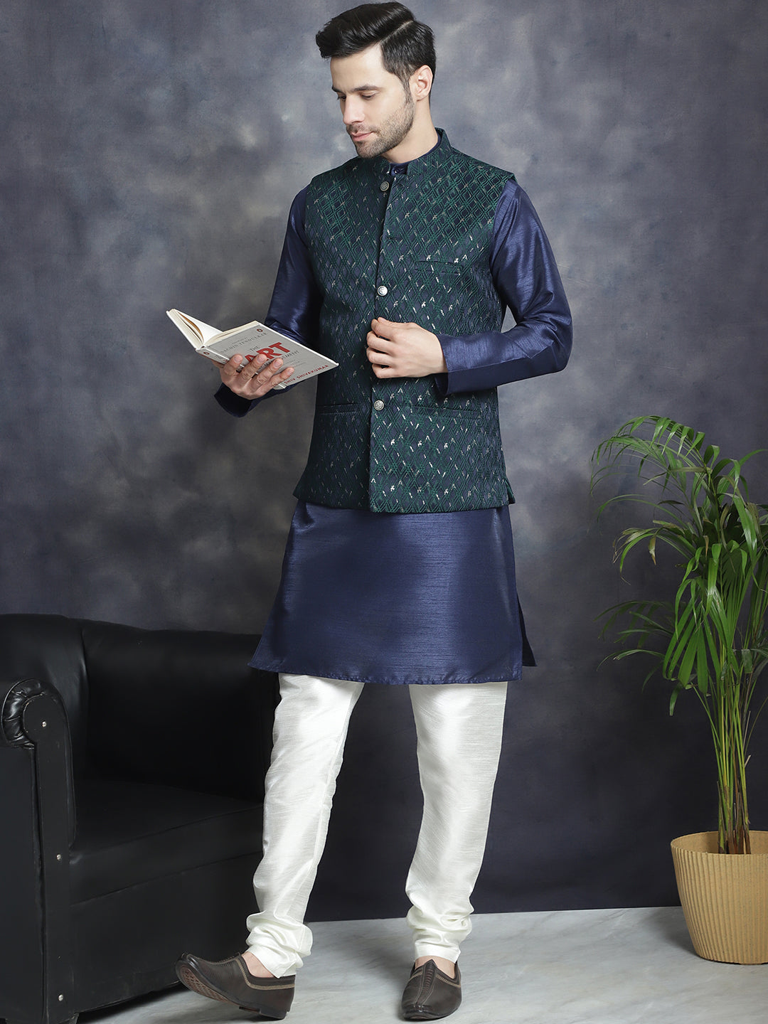 Embroidered Nehru Jacket With Solid Kurta Pyjama ( ANMKPWC 636N 7007Green )