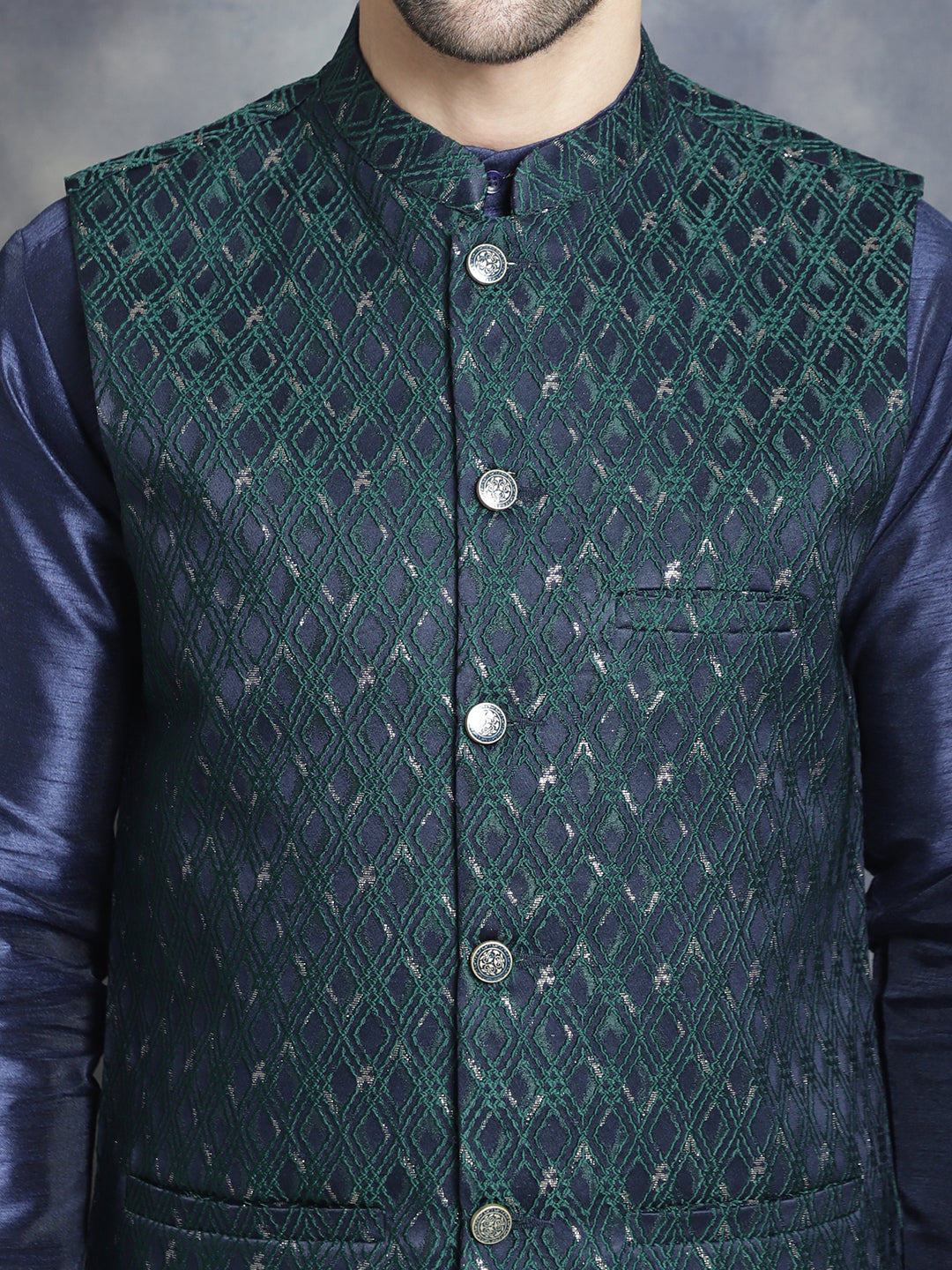 Embroidered Nehru Jacket With Solid Kurta Pyjama ( ANMKPWC 636N 7007Green )