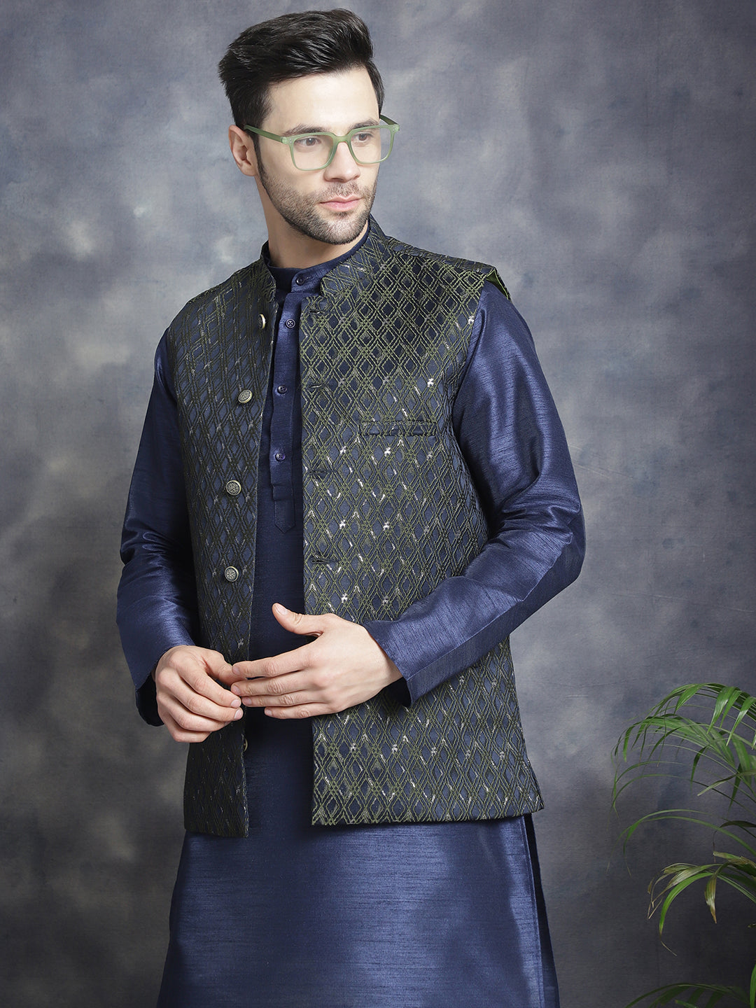 Embroidered Nehru Jacket With Solid Kurta Pyjama ( ANMKPWC 636N 7007Mehndi )