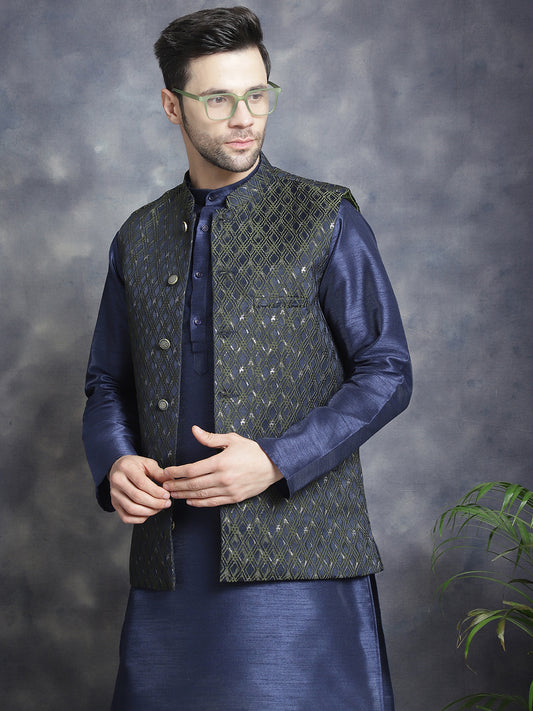 Embroidered Nehru Jacket With Solid Kurta Pyjama ( ANMKPWC 636N 7007Mehndi )