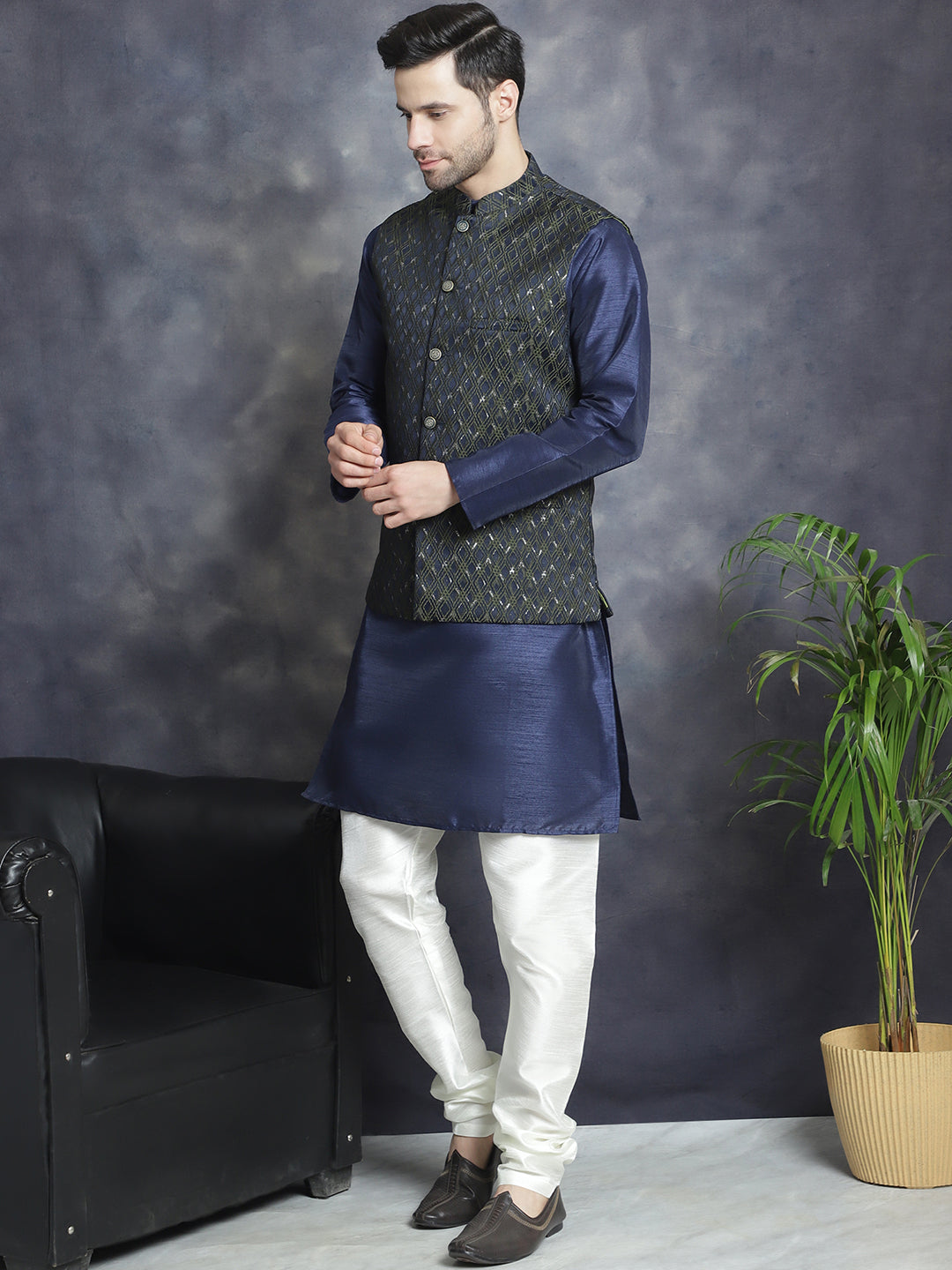 Embroidered Nehru Jacket With Solid Kurta Pyjama ( ANMKPWC 636N 7007Mehndi )