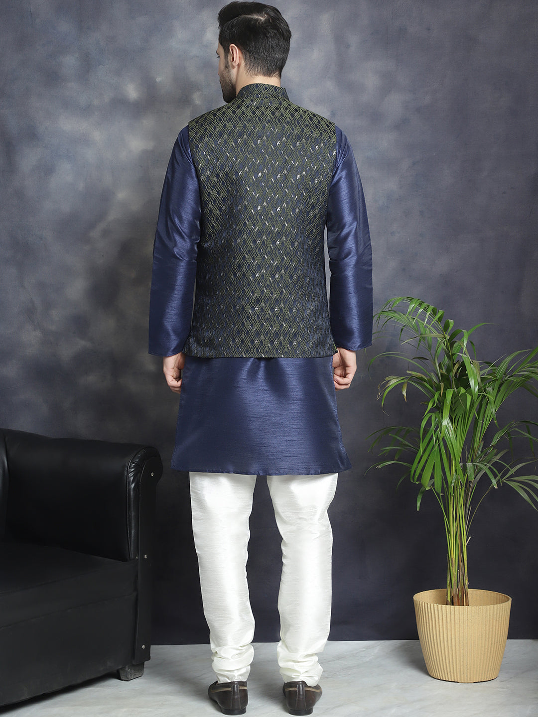 Embroidered Nehru Jacket With Solid Kurta Pyjama ( ANMKPWC 636N 7007Mehndi )
