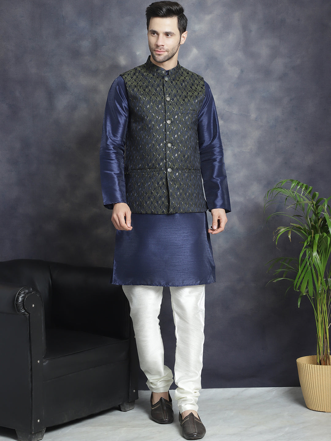 Embroidered Nehru Jacket With Solid Kurta Pyjama ( ANMKPWC 636N 7007Mehndi )