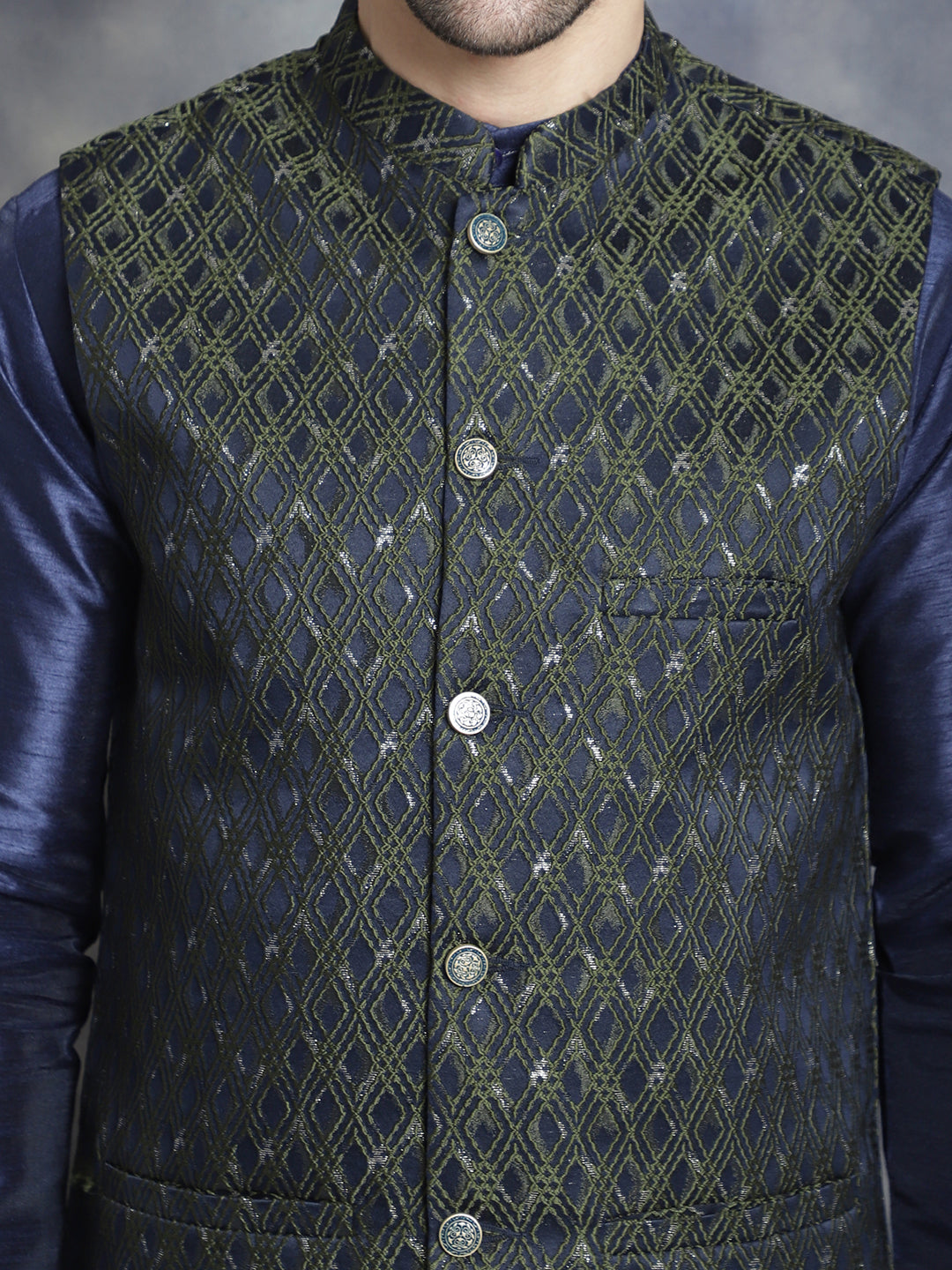 Embroidered Nehru Jacket With Solid Kurta Pyjama ( ANMKPWC 636N 7007Mehndi )