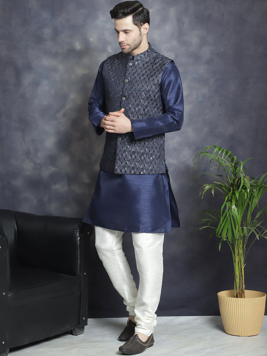Embroidered Nehru Jacket With Solid Kurta Pyjama ( ANMKPWC 636N 7007Silver )