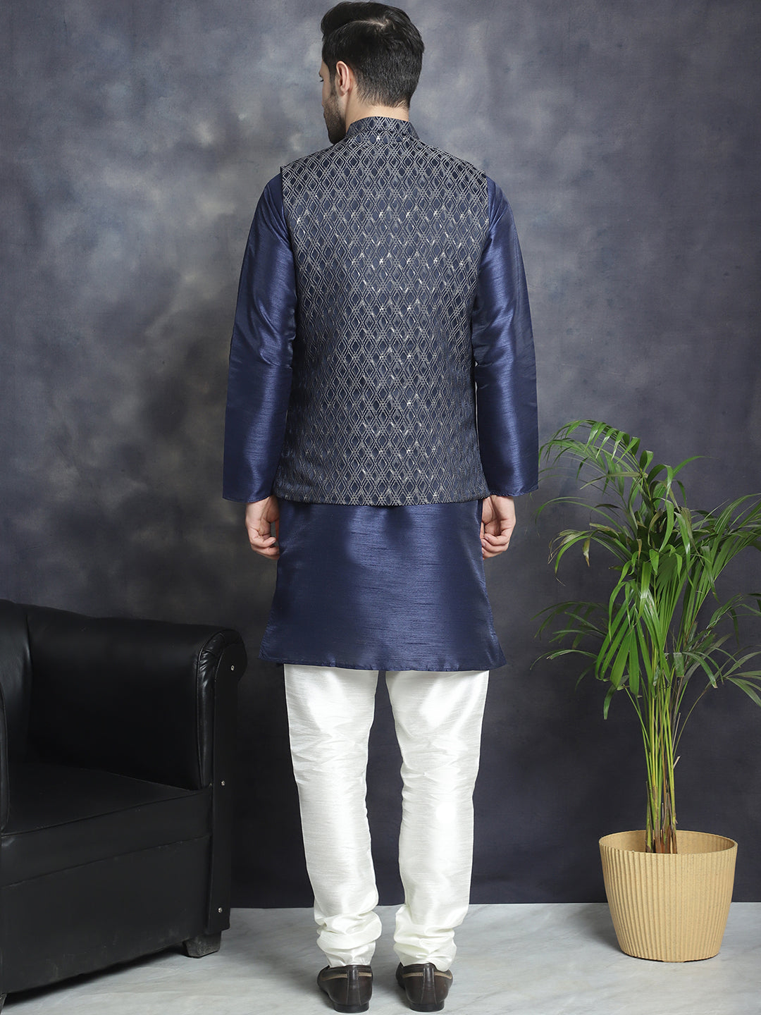 Embroidered Nehru Jacket With Solid Kurta Pyjama ( ANMKPWC 636N 7007Silver )