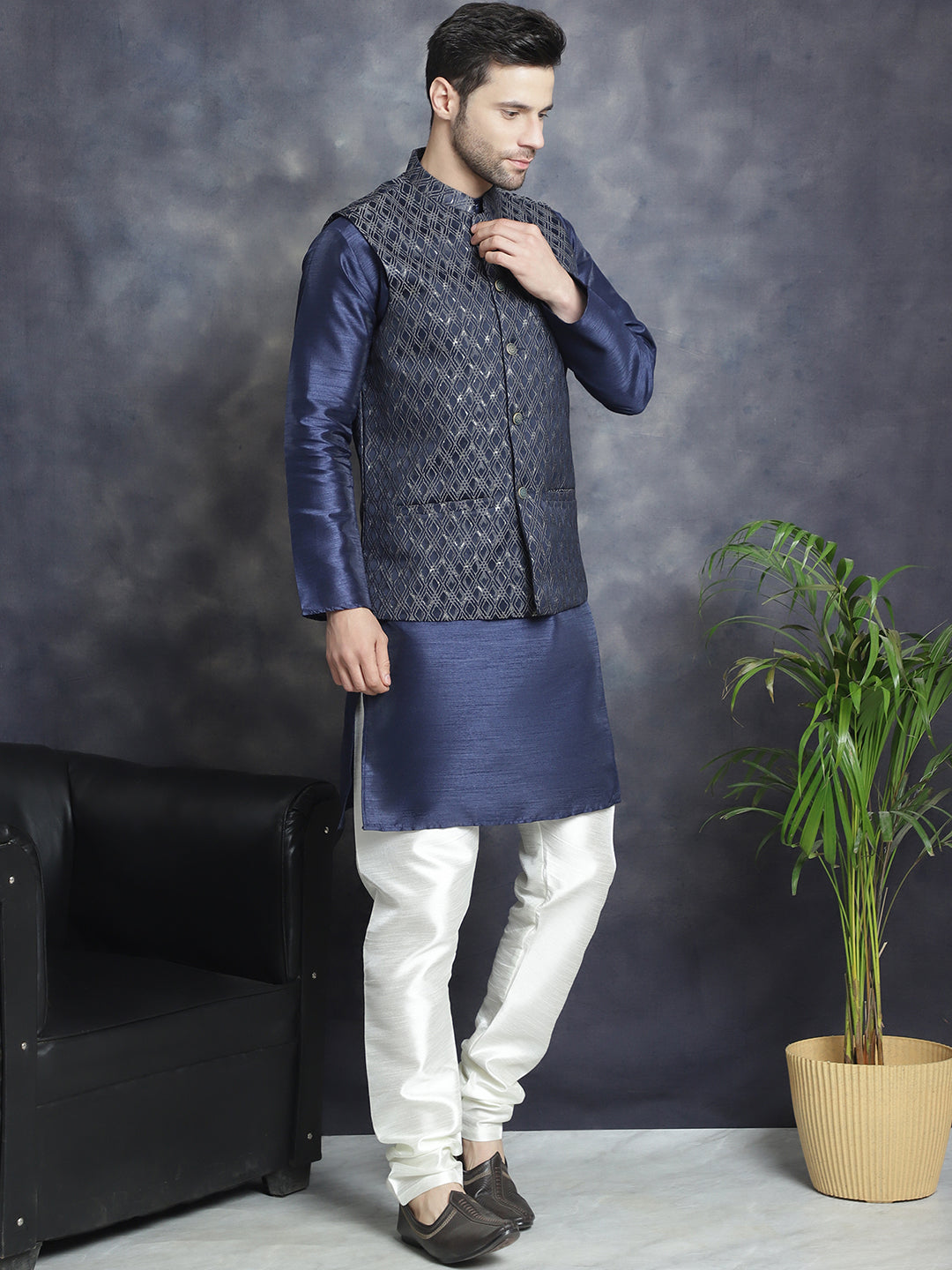 Embroidered Nehru Jacket With Solid Kurta Pyjama ( ANMKPWC 636N 7007Silver )